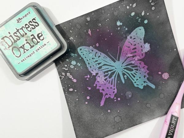Distress Ink Masking Technique - Coloured ink reveal stamping technique